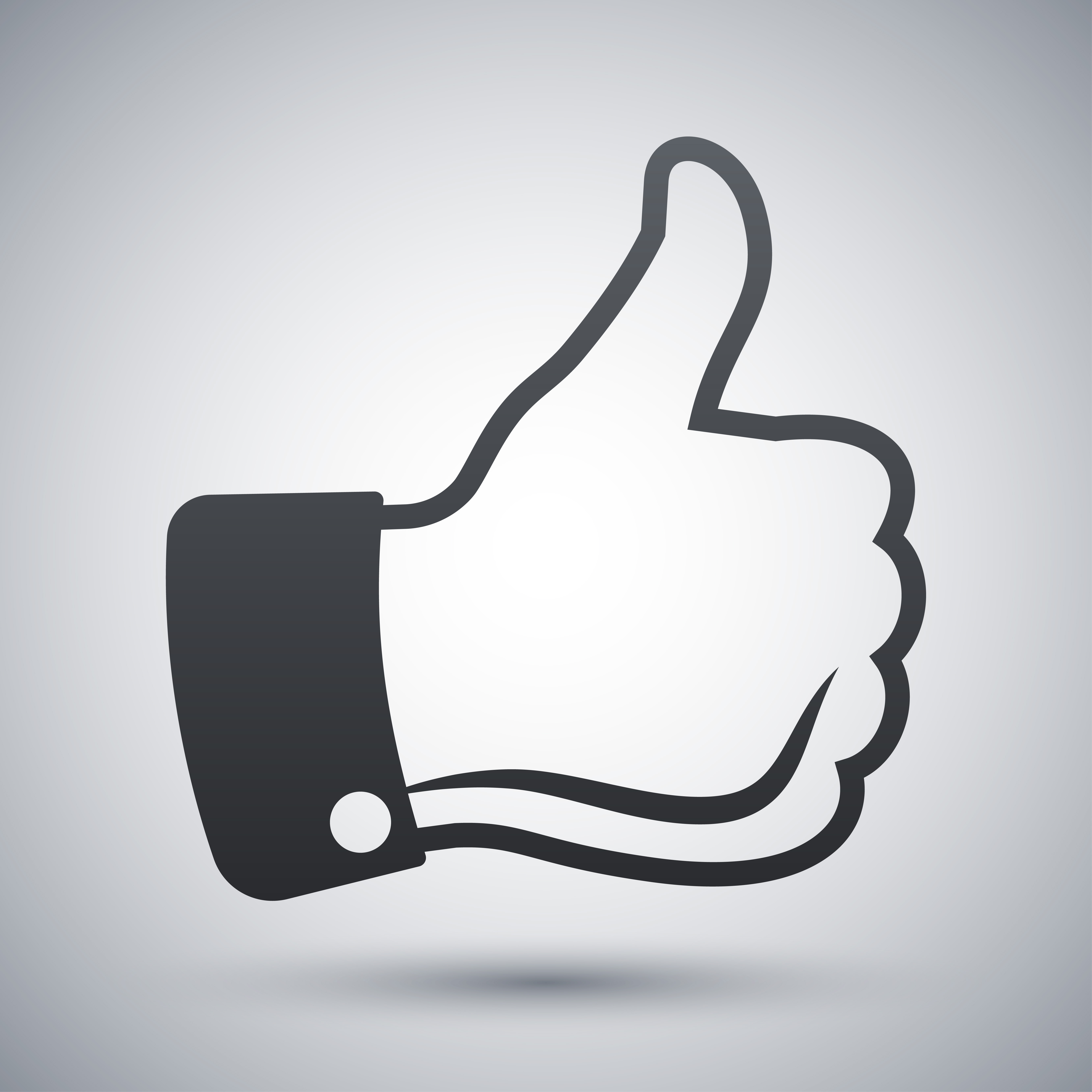 The image shows a stylized, monochromatic thumbs-up icon within a gradient background. The hand is depicted with a closed fist and an extended thumb pointing upwards, universally signifying approval or a positive gesture. The design is simple, with clear lines and a shadow effect at the wrist area to give it a slight three-dimensional appearance. This icon is often used in contexts where encouragement, acknowledgment, or agreement is being communicated.