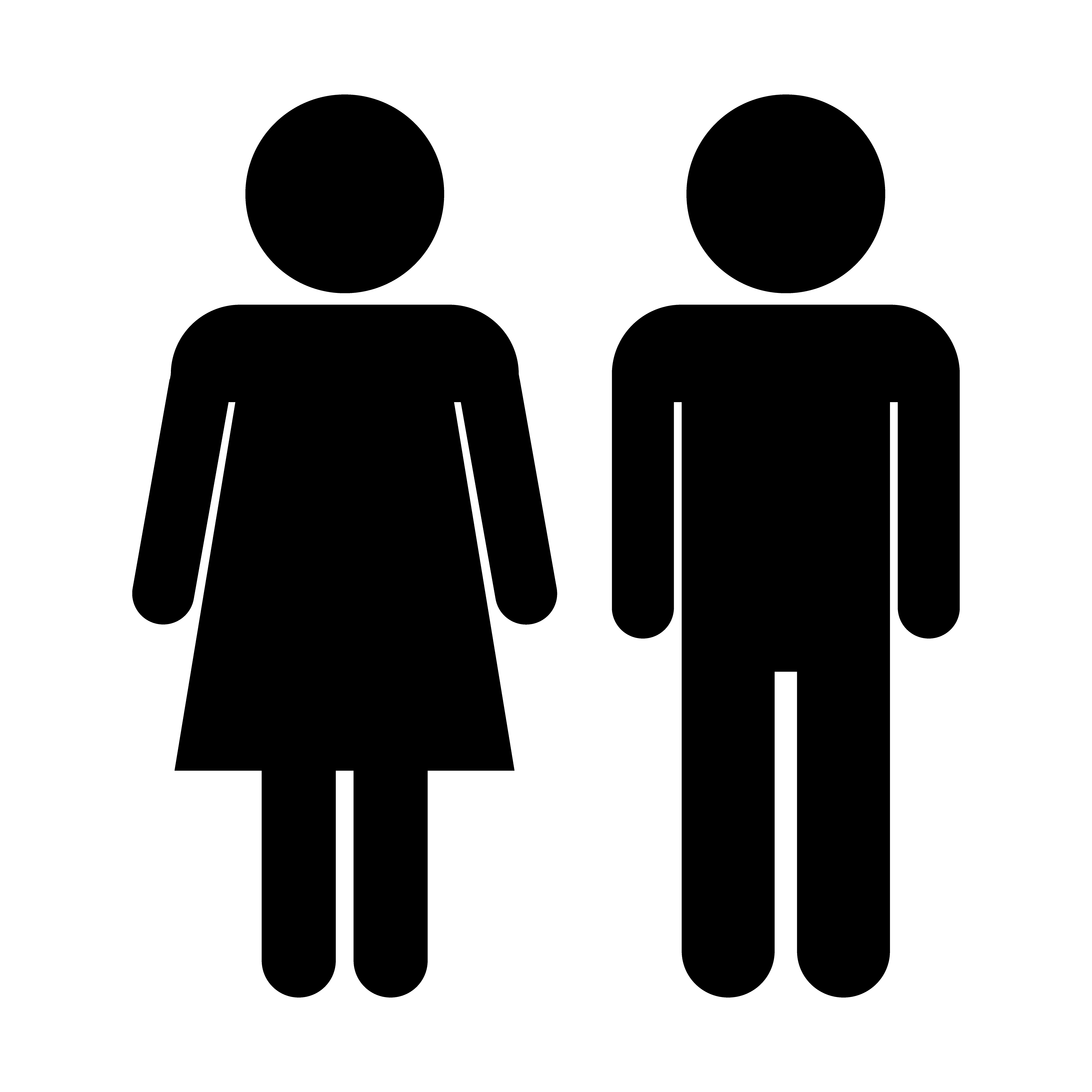The image shows two simplified figures representing a woman and a man. The female symbol on the left is characterized by a circular head and a dress-like shape for the body. The male symbol on the right features a circular head and a rectangular shape for the body with a gap representing pants. This iconography is commonly used in contexts such as restroom signs to indicate gender-specific facilities.