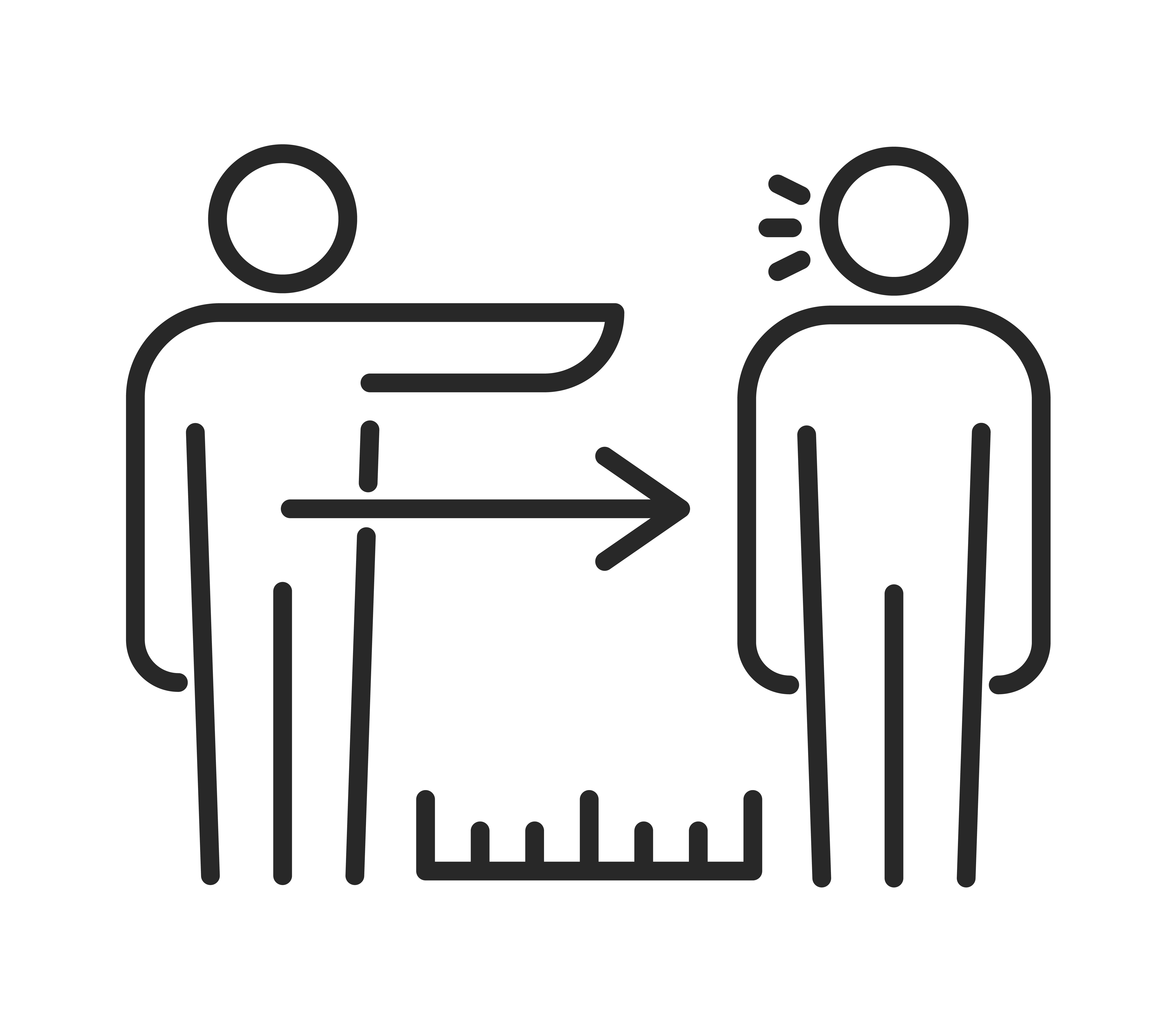 The image is a simple black and white line drawing depicting social distancing. It shows two human figures standing apart with an arrow pointing from the left figure to the right, indicating directionality or distancing between them. Beneath the figures is a ruler symbolizing the physical distance to be maintained. This visual emphasizes the importance of keeping a safe distance between individuals, likely in the context of preventing the spread of illness.