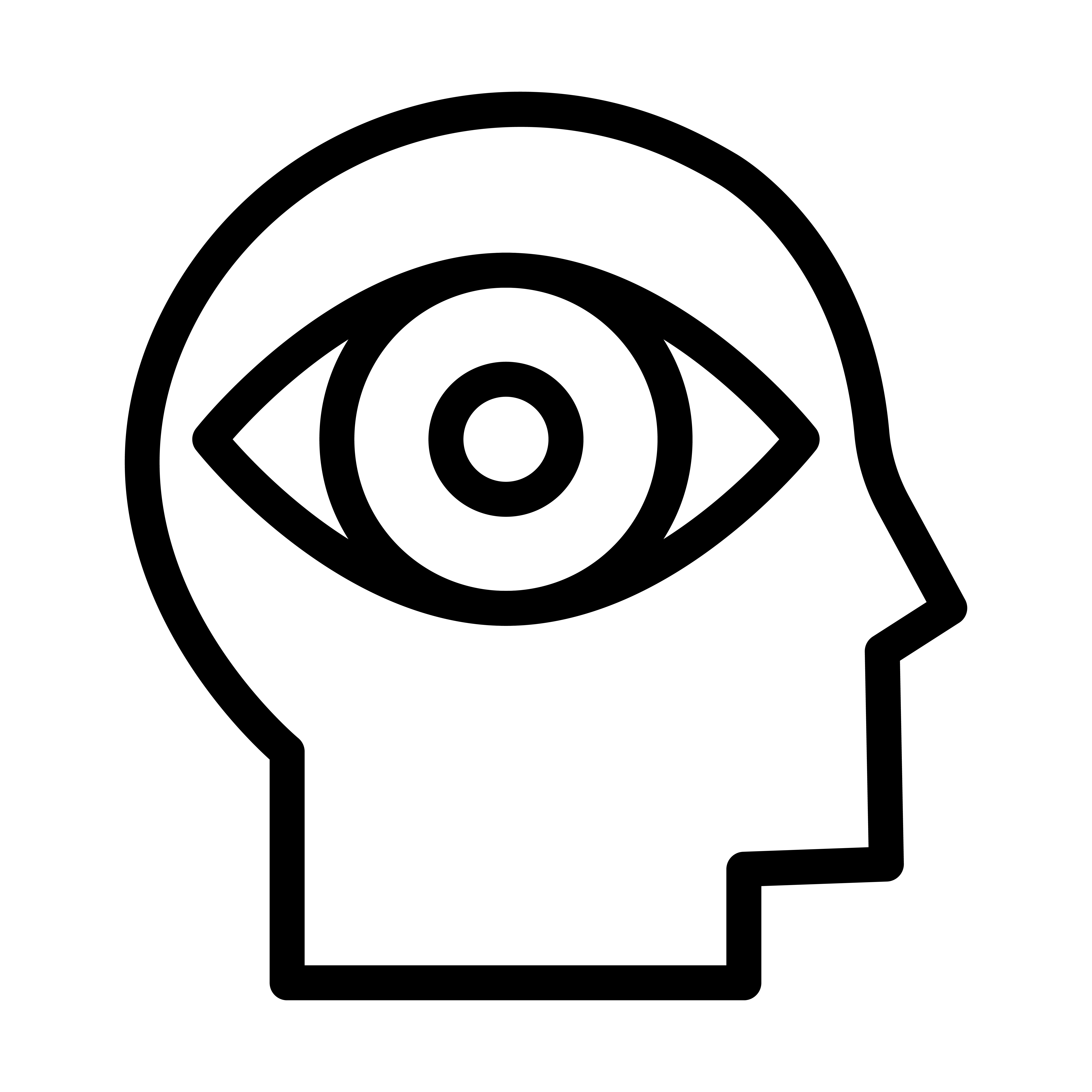 The image is an abstract, minimalist line drawing of a human head in profile, with an eye positioned in the center of the head. This visual likely symbolizes perception, awareness, or cognition, emphasizing the concept of seeing or understanding from the mind's perspective. It conveys themes of insight, intelligence, or consciousness. The design is simple and uses clear, bold lines to create an impactful and thought-provoking image.