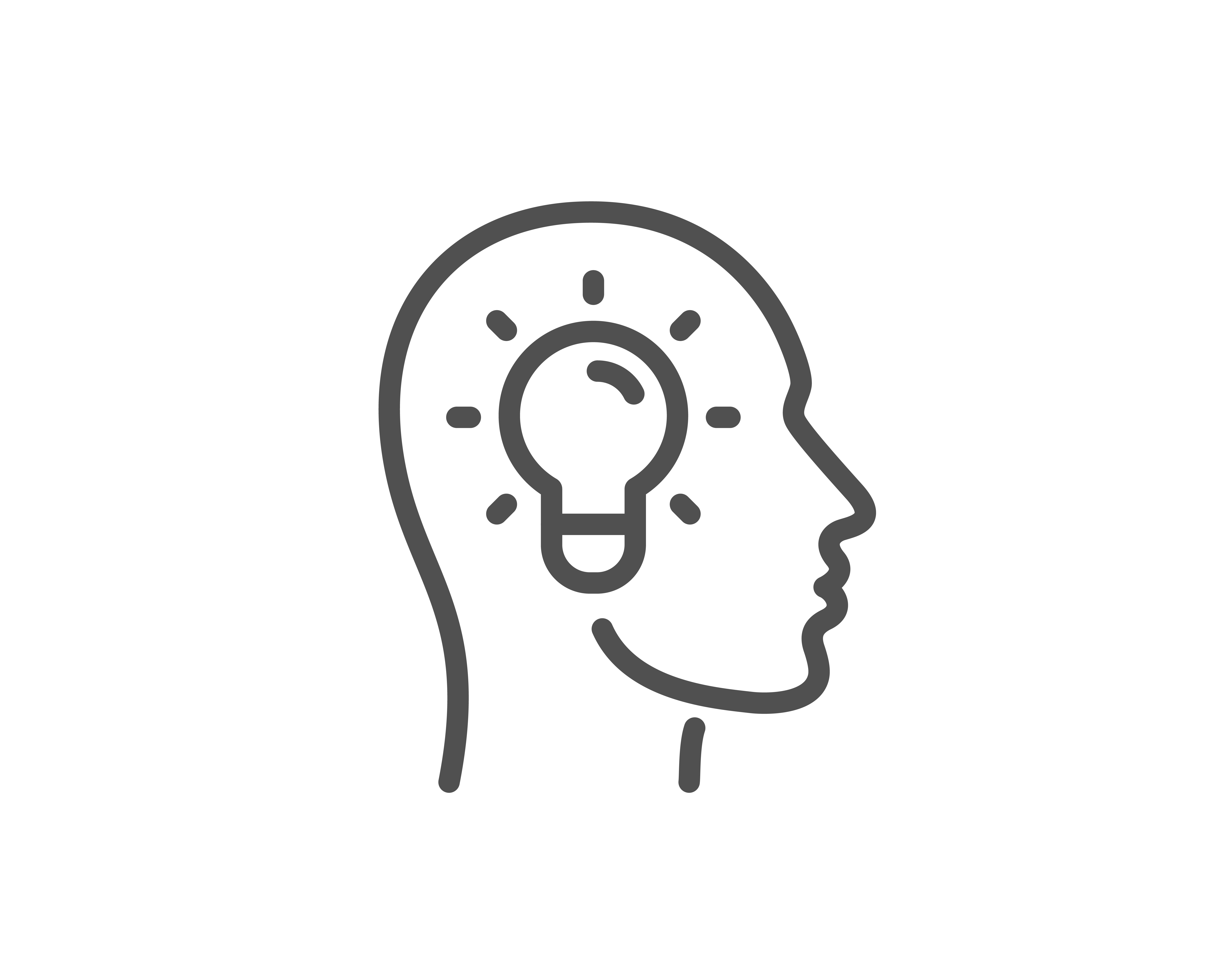 The image is a minimalist line drawing of a human profile with a light bulb inside the head. The light bulb is illuminated, symbolizing an idea, creativity, or insight. This visual representation is commonly used to signify the concept of thinking, innovation, or problem-solving.