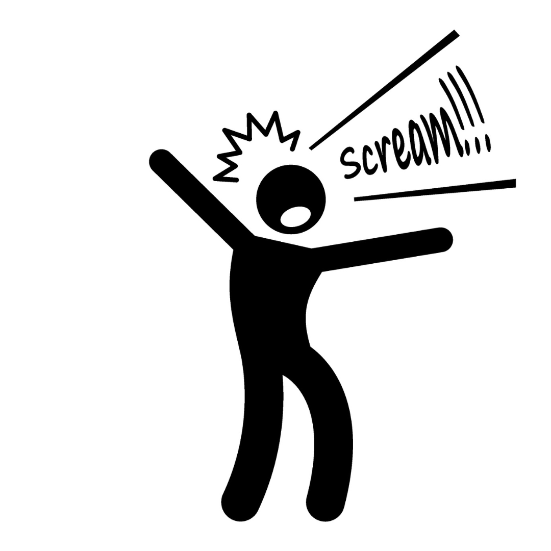 The image is a black-and-white stick figure with its arms raised and an open mouth, symbolizing a scream or shout. An explosion-like shape above the head indicates intense emotion, and the word "scream!!!" is shown in large, bold letters next to the figure's head, emphasizing the loudness and intensity of the scream. The context suggests a depiction of extreme frustration, fear, or panic.