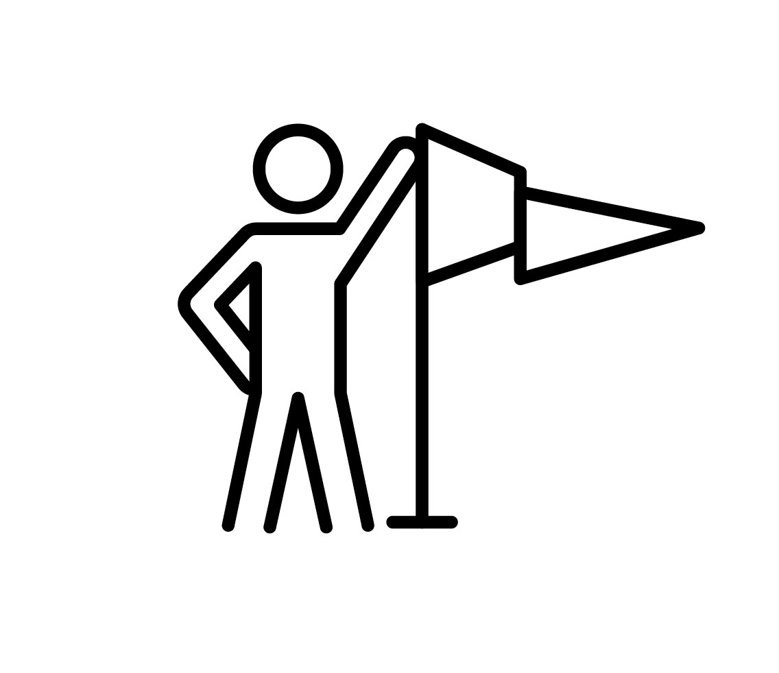 The image is a simplistic black-and-white line drawing of a person standing beside a flagpole, with one hand raised holding a triangular flag. The figure appears to be in a stance that suggests accomplishment or the act of signaling. This visual could symbolize achievement, marking a significant point, or offering direction, depending on the context of its use.